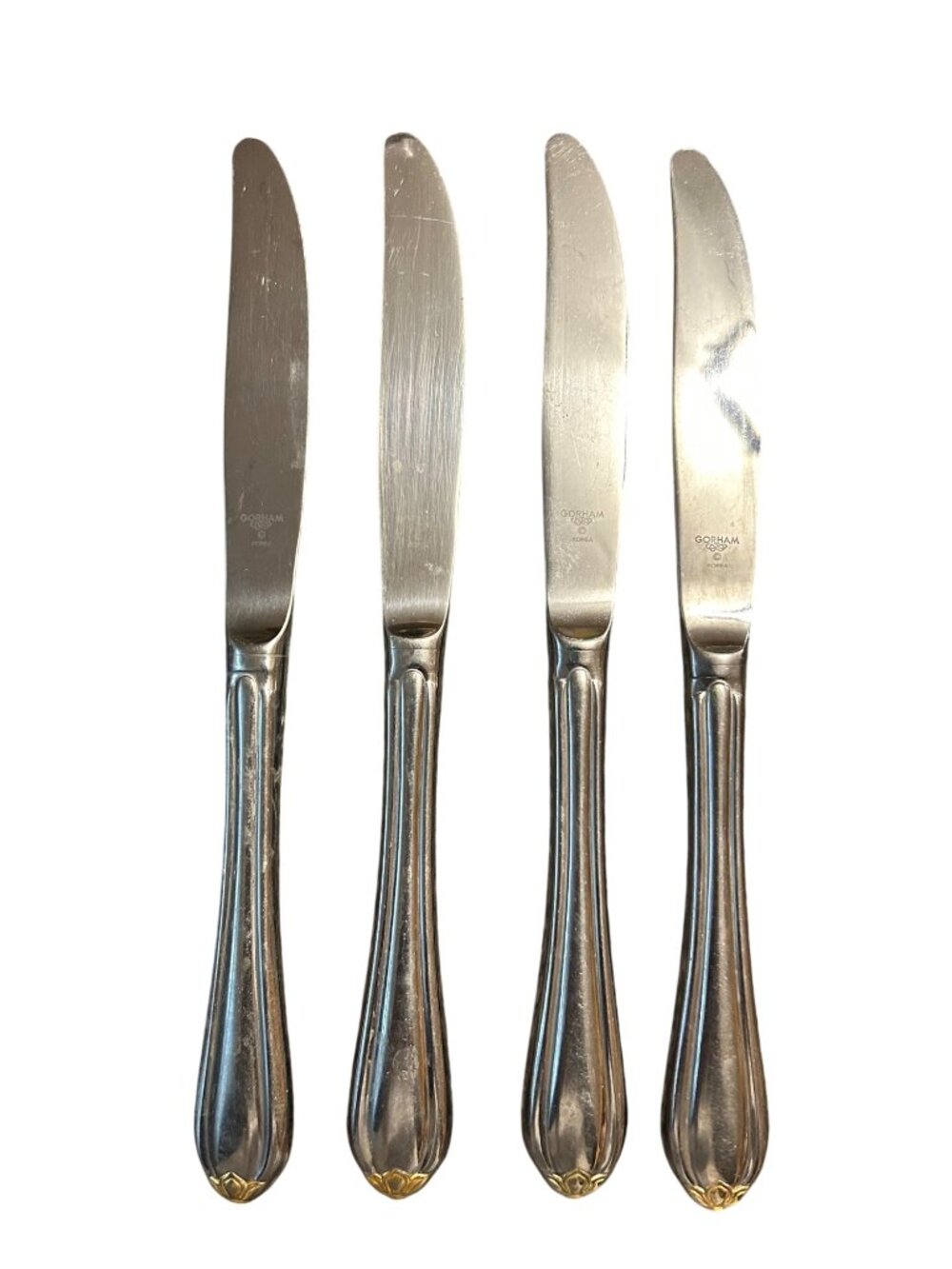 Set Of 4 Gorham Golden Melon Bud Stainless Gold Accent Dinner Knives Discontinue
